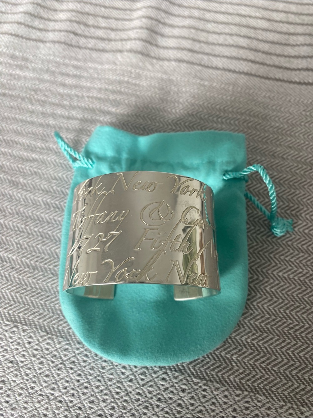 Tiffany & Co. Polished Silver Engraved Script Cuff with Blue Pouch
